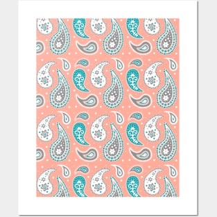 Coral Teal Paisley Pattern Posters and Art